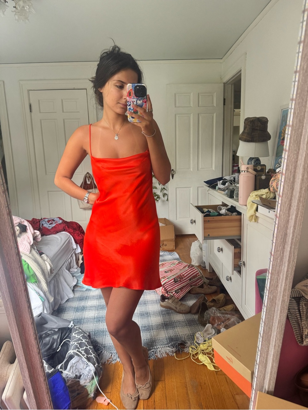 Zara Red Satin Slip Dress with Spaghetti Straps
